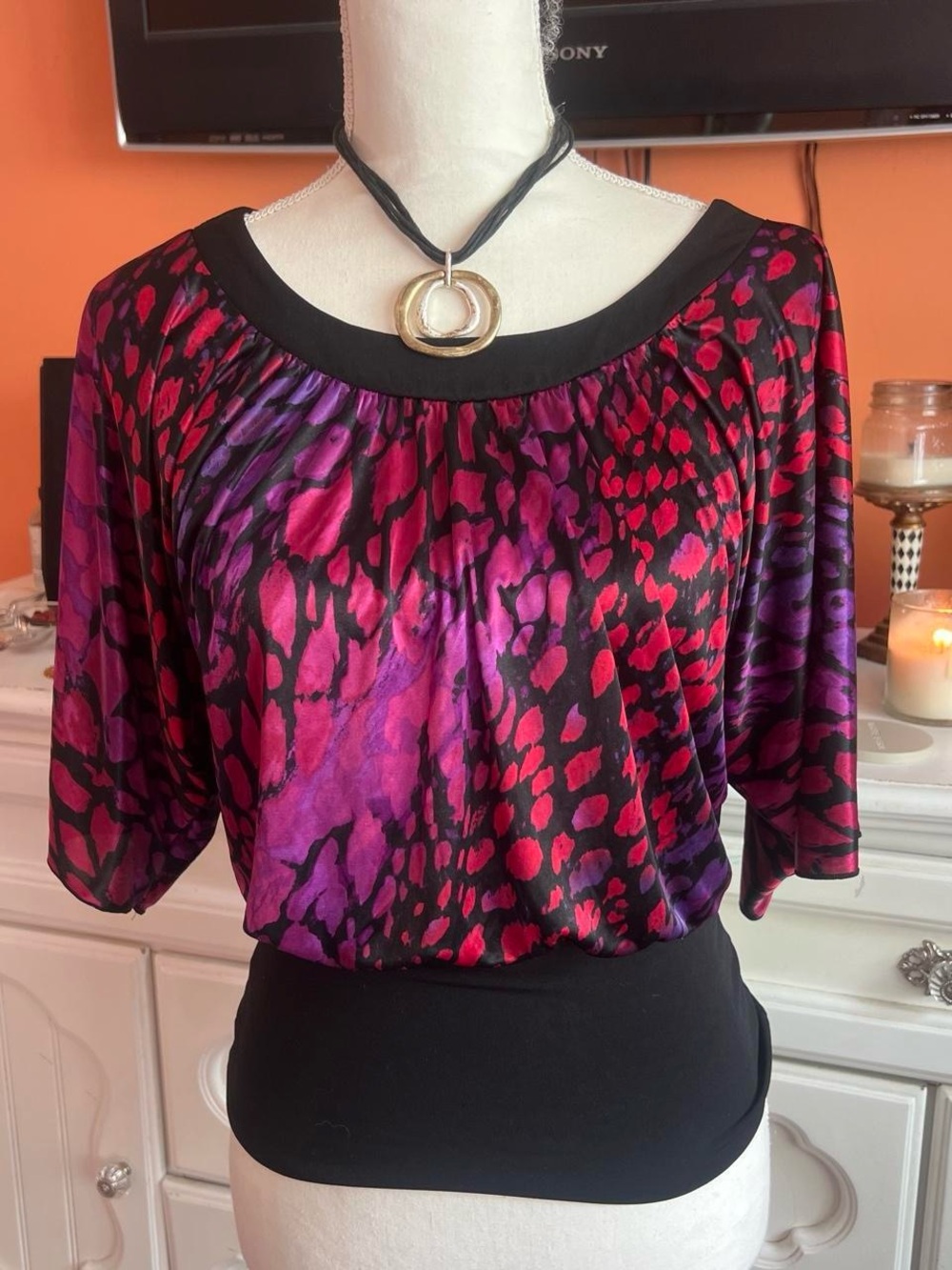BCX Black, Purple & Pink Printed Blouson Tunic